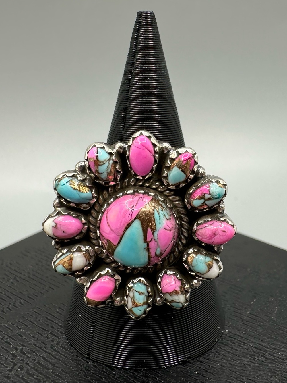 Cotton Candy Turquoise Sterling Silver 925 Handmade Cluster Ring Adjustable